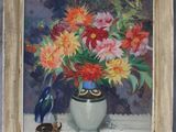 a painting of flowers in a vase on a table
