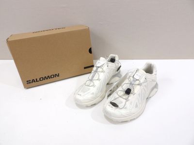 the shoes are white and have a black logo on them