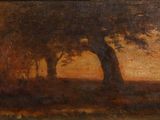 une image représentant un tableau montrant des arbres dans un champ au coucher du soleil