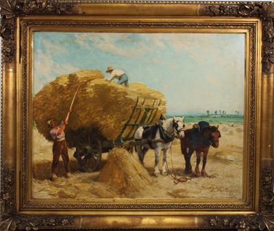 J. WAUTERS (XXe siècle) Les ramasseurs de foin