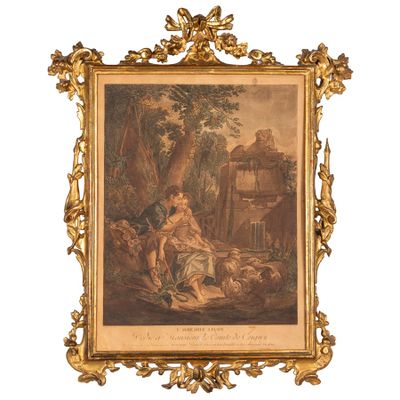 une vieille photo représentant un tableau où l'on voit un homme et une femme dans un décor boisé