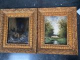 deux tableaux encadrés représentant une scène fluviale avec des canards et des canards