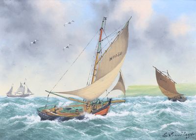une peinture représentant un voilier en mer, avec d'autres bateaux en arrière-plan