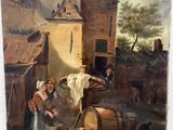 une peinture à l'huile représentant une scène de village avec une femme et deux chats