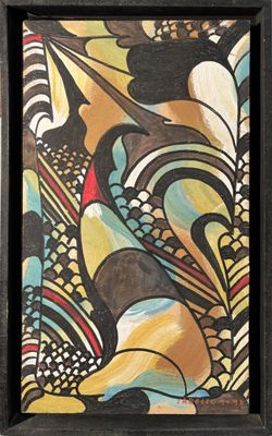 une peinture abstraite représentant un oiseau, dans un cadre noir accroché à un mur blanc