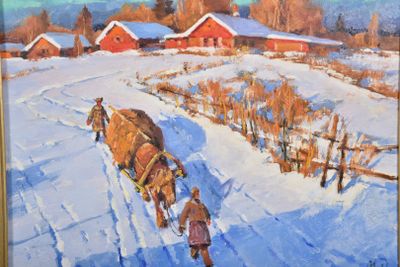 un tableau représentant un cheval tirant un traîneau dans la neige