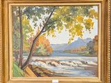 an image of a painting of a river with trees in the foreground