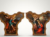 two paintings of angels on a wall with a white background