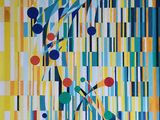 tableau représentant une peinture abstraite colorée d'un oiseau sur un fond jaune et bleu