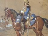 a painting of a man riding a horse in the desert