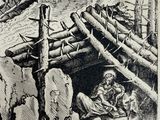a black and white drawing of a man and a dog in the woods