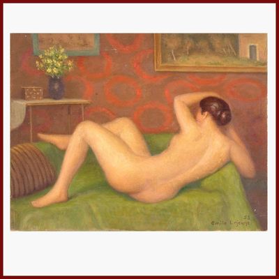 tableau représentant une femme nue allongée sur un lit dans une chambre