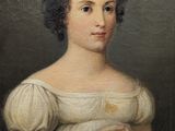 painting of a woman in a white dress with a yellow headband