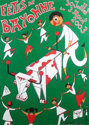 une image représentant une affiche verte sur laquelle figurent des personnes et une vache