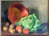 painting of a painting of a pot and vegetables on a table