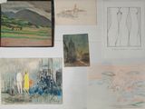 many paintings on the wall of this room