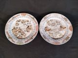 deux assiettes ornées d'oiseaux et de fleurs, posées sur une surface noire