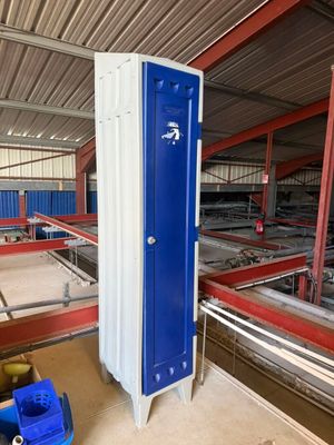 a blue and white toilet in a building with a blue bucket