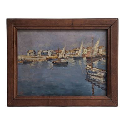 an oil painting of a harbor scene with sailboats in the water