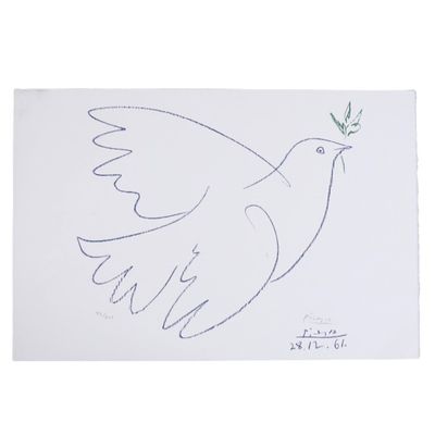 un dessin représentant une colombe blanche tenant une brindille verte dans son bec