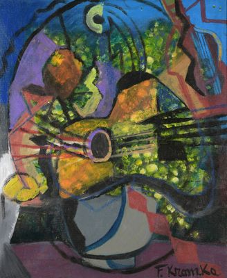 a painting of a guitar and a vase of flowers on a table