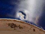 a close up of a blue and white plate with a heart on it