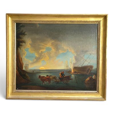 an image of a painting of a horse drawn carriage on a beach