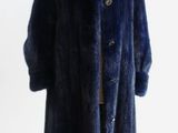 vintage navy blue fur coat with hood and buttons on mannequin base