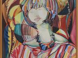 painting of a woman in a colorful chair with a necklace on her neck