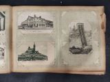 an old book with pictures of buildings and a clock on it