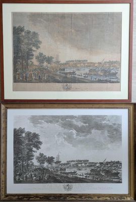 deux reproductions encadrées représentant une vue d'une ville et d'une rivière