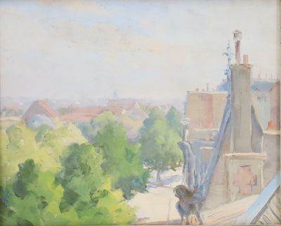a painting of a dog that is standing on a ledge