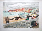 un tableau représentant des personnes sur la plage avec des bateaux dans l'eau