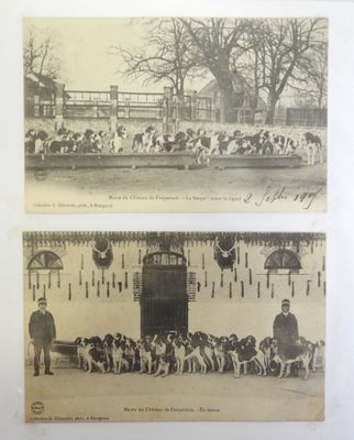 deux vieilles photos en noir et blanc représentant des hommes et des chiens devant un immeuble