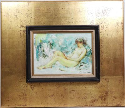 painting of a woman sitting on a couch in a gold frame