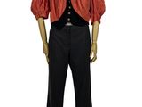 a mannequin wearing a red jacket and black pants