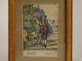 an old picture of a man riding a horse in a wooded area