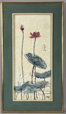 framed picture of a painting of two flowers and a bird on a pond