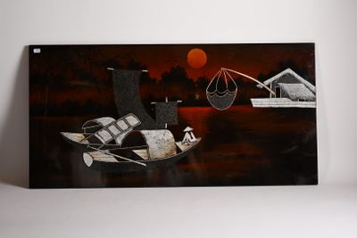 a picture of a painting of a boat on the water