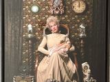 a picture of a woman sitting in a chair with a clock on the wall behind her