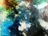 une peinture abstraite aux couleurs rouge, blanc, bleu et vert