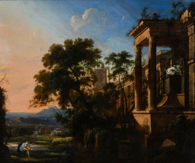 peinture représentant un tableau représentant un paysage avec un château en arrière-plan
