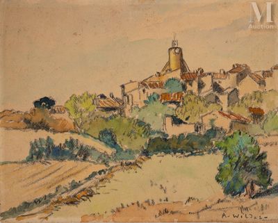 dessin représentant un village avec une église au loin, sur une colline