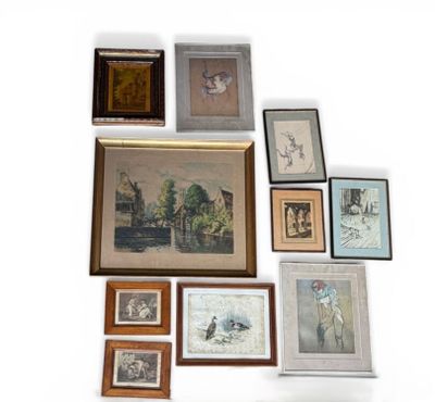 Réunion de 10 encadrements dont des gravures, une aquarelle,…