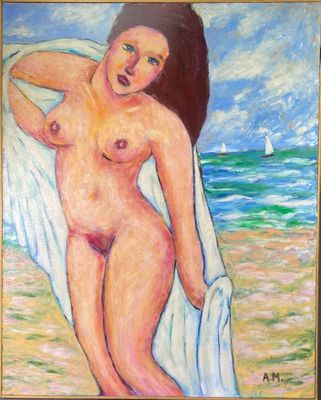 une peinture à l'huile représentant une femme nue sur une plage, avec un voilier en arrière-plan