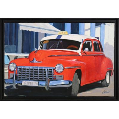 tableau représentant une vieille voiture rouge surmontée d'un panneau « taxi »
