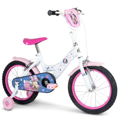 the girl ' s bike is pink and white with a minnie mouse design
