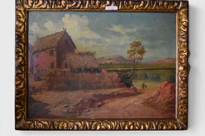 an oil painting of a farm scene with a barn in the background
