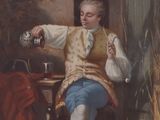 a painting of a man sitting at a table with a glass of wine