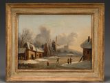 a painting of a village scene with skaters and a windmill